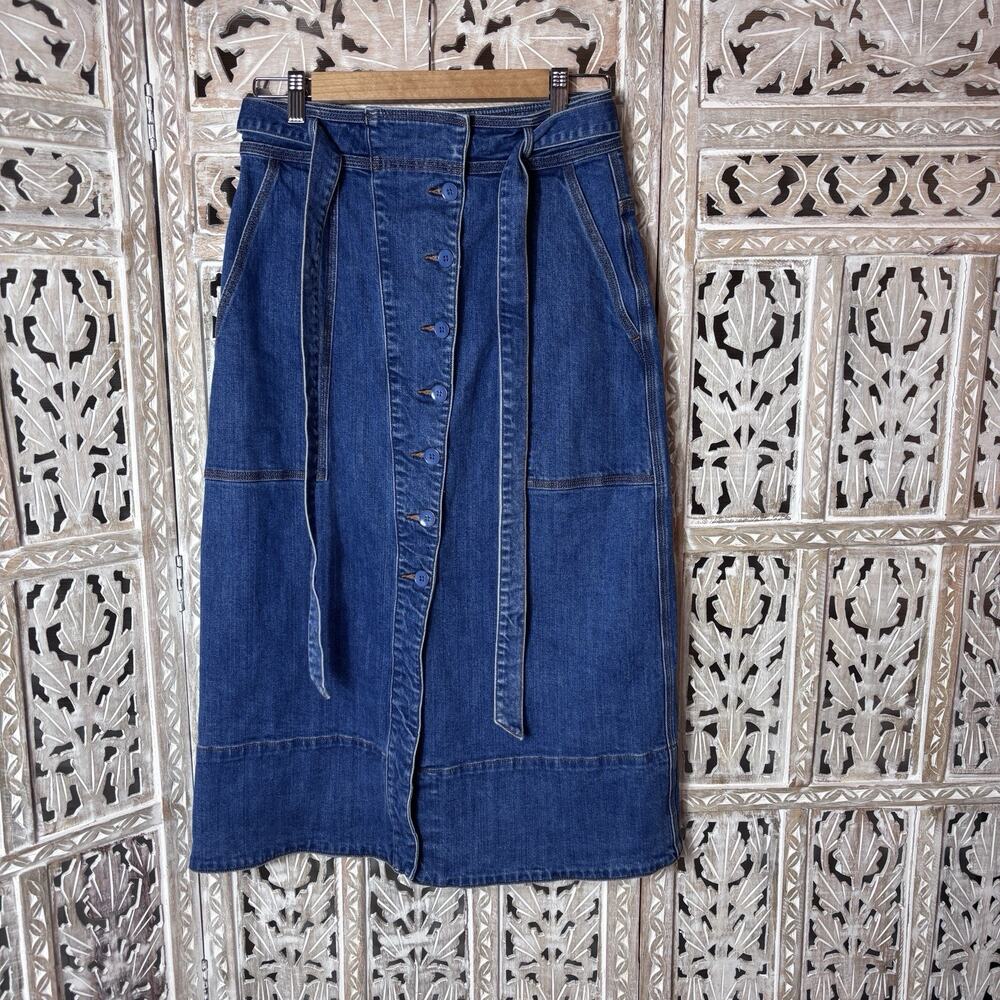 Ulla Johnson Tegan Denim Midi Skirt Button Front Tie Slit Mid Blue Wash Sz 6